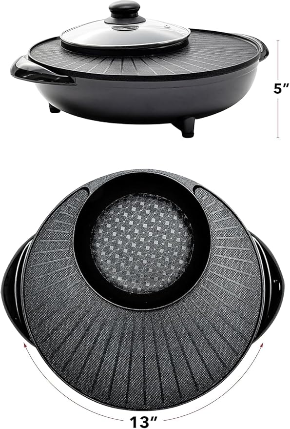 OVENTE Electric Hot Pot and Grill Combo, 2-in-1 Portable Countertop Cooker with Temperature Control Perfect for Korean BBQ, Shabu Shabu and Soup with Free Strainer, Chopsticks and Tong, Black GH10133B