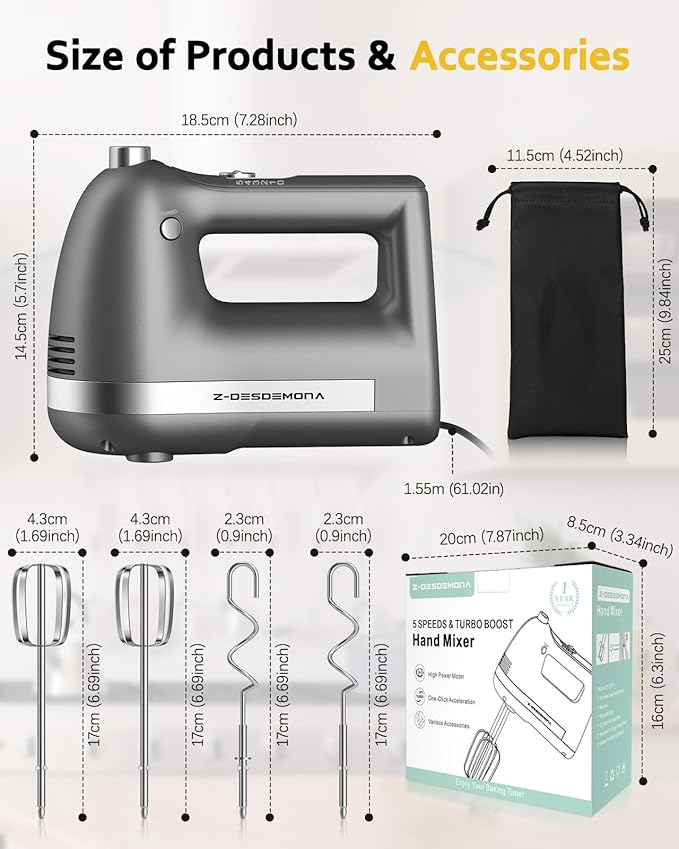 Z-DESDEMONA Electric Hand Mixer, Powerful Hand Mixer Electric Handheld with 304 Beaters, Dough Hook,Hand Held Mixer with Turbo for Baking Cakes, Eggs, Cream Food(Grey)