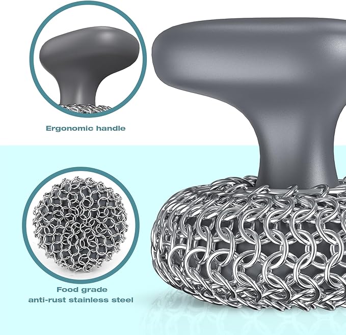 Purgreat Cast Iron Scrubber | Dish Scrub Brush | 316 Cleaner Chainmail Scrubber for Cast Iron Pan Skillet Cleaner - Dish Scouring Pad Dishwasher Safe Cleaning Kit, Grey 02