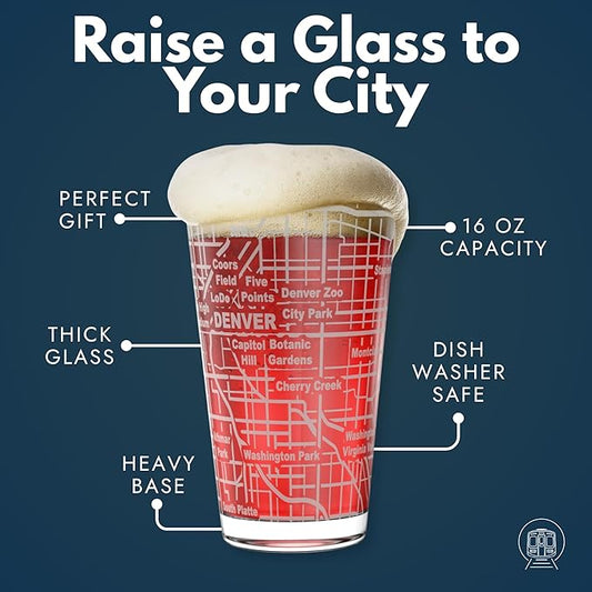 Greenline Goods – Denver, CO Map Pint Beer Glasses (Set of 2), 16 oz – Etched Wrap Design