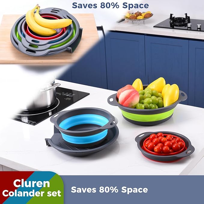 Collapsible Colander Set with Oversized Draining Tray | 3-Pack Foldable Kitchen Strainers + Base | Space Saving for Pasta, Veggies, Fruit & Rice | 5 Colors (Gray-Blue-Red-Green)