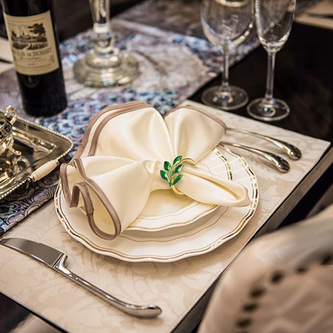 KPOSIYA Napkin Rings Set of 20 Hollow Cut Metal Napkin Holder Dinning Table Setting for Wedding Party Banquet Christmas Dinner Delicate Serviette Buckles Decor (Ye Zi-Green 20