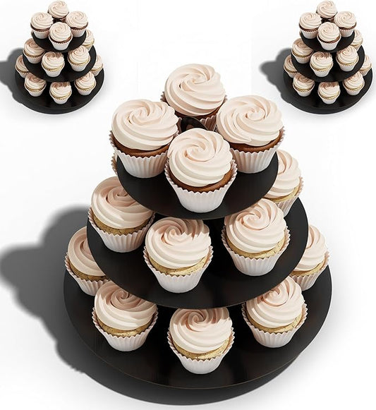BLISSUR Cupcake Stand Tower, 3 Pack, Black, 3 Tiered, Cup Cake Stand Cardboard Dessert Holder for Parties (Black, Small, 3 Pack)