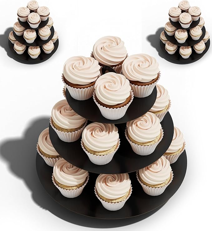 BLISSUR Cupcake Stand Tower, 3 Pack, Black, 3 Tiered, Cup Cake Stand Cardboard Dessert Holder for Parties (Black, Small, 3 Pack)