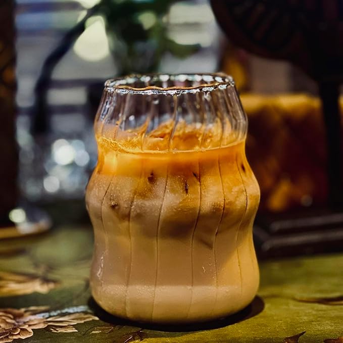 2 PCS Ribbed Glass Cups, 18 Oz Vintage Drinking Glasses, Wavy Design Cute Glass Cups for Iced Coffee, Beverage, Juice, Milk, Bubble Tea, Cocktails