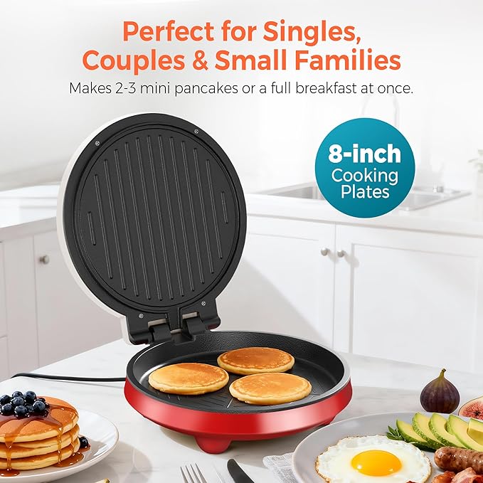 3-in-1 Electric Griddle & Panini Press - CACHOO 8" Nonstick Round Griddle and Sandwich Press with On/Off Switch, 180° Open Design, Perfect for Pancakes, Omelettes, Quesadillas, Veggies (Red/Beige)