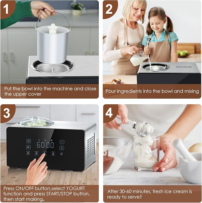 Homtone Ice Cream Maker Fully Automatic with Compressor, 4 Modes, Adjustable softness, Adjusted Speed 1.6 Quart Ice Cream + Yogurt Maker, LCD Touch Screen Homemade Soft & Hard Ice Cream Machine
