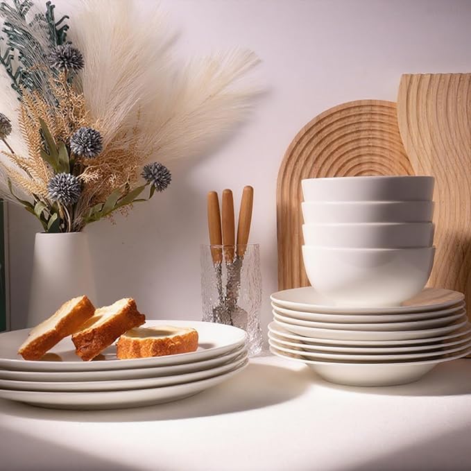 16-Piece Dinnerware Set for 4, White Porcelain Plates and Bowls, Chip Resistant Dishwasher Safe for Family Dining and Daily Use