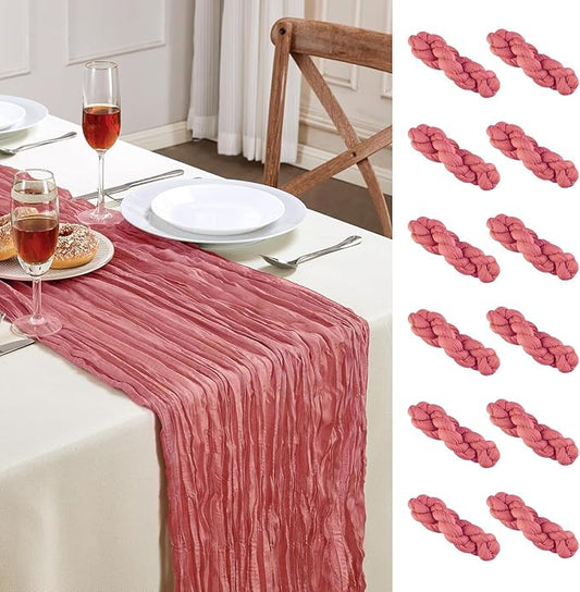 12 Pack Rose Valentine's Day Cheesecloth Table Runner 10FT Long Boho Gauze Table Runner Rustic Sheer Runner for Wedding Bridal Baby Shower Birthday Party Table Decor Home Easter Decorations