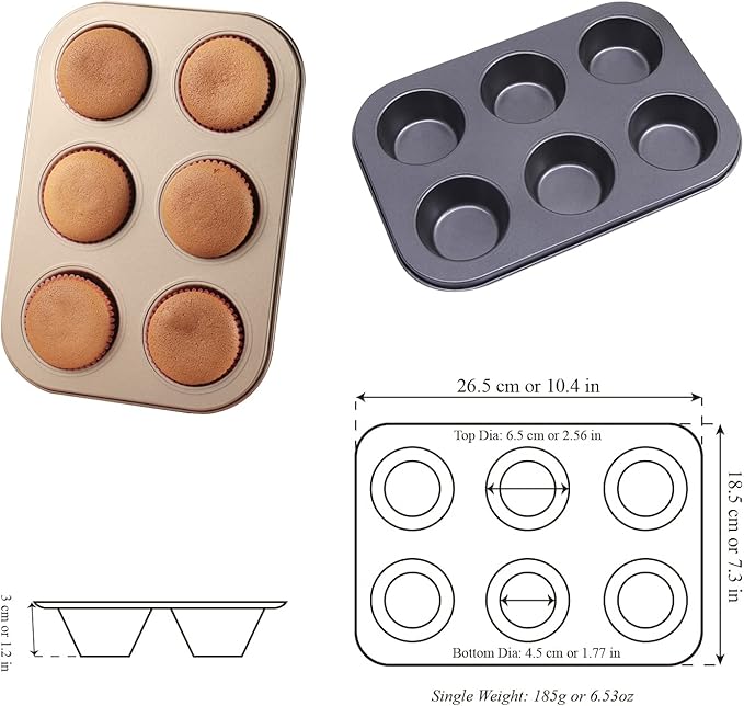 Bakehope Muffin Tins 6-Cups Nonstick Carbon Steel Standard Cupcake Pans, Set of 2