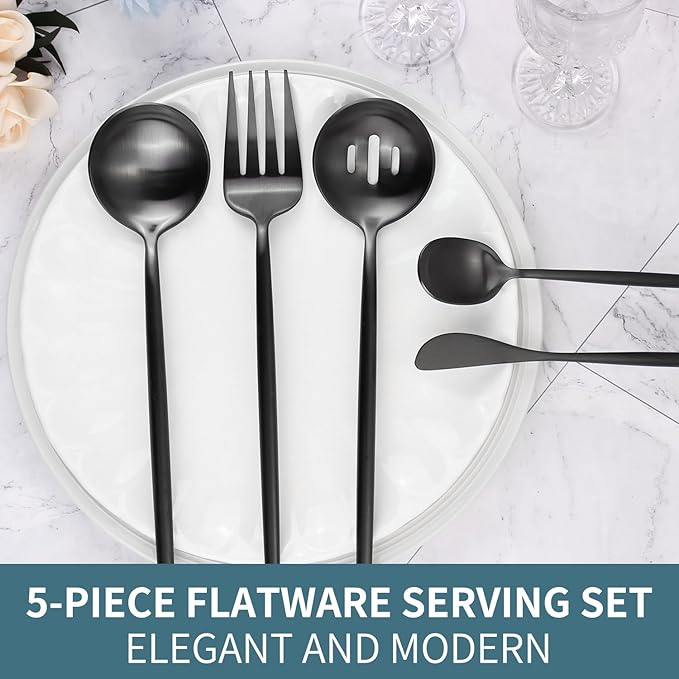 5-Piece Matte Black Stainless Steel Serving Utensils Set - Large and Slotted Spoons, Fork, Sugar Spoon, Butter Knife - Dishwasher Safe