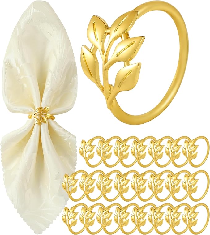 Gold Napkin Rings Set of 24, Shiny Zinc Alloy, Durable Polished Leaf Shaped Napkin Rings Fits Any Beautiful Table Decor for Christmas, Wedding, Party, Gift Idea for Elegant Table Settings
