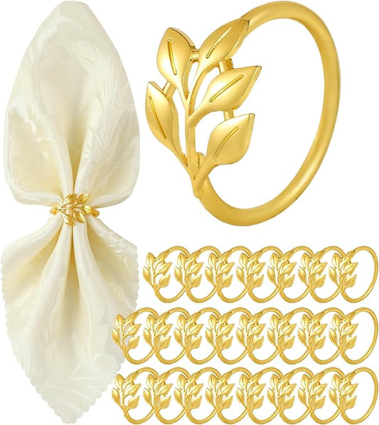 Gold Napkin Rings Set of 24, Shiny Zinc Alloy, Durable Polished Leaf Shaped Napkin Rings Fits Any Beautiful Table Decor for Christmas, Wedding, Party, Gift Idea for Elegant Table Settings