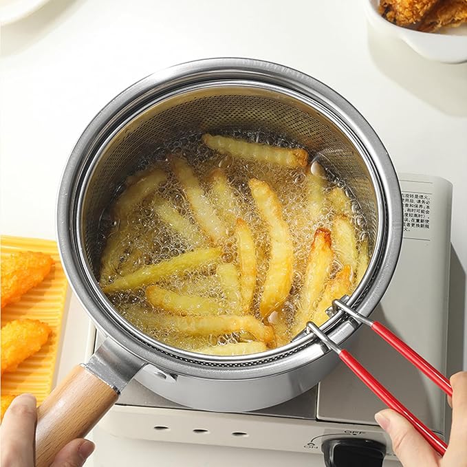 Pasta Strainer Set of 2, Stainless Steel Noodle strainer, 18cm with Removable Handle Metal Pasta Strainer Basket Deep Fryer Basket, Kitchen Colander for Washing Draining Deep-frying Boiling Steaming