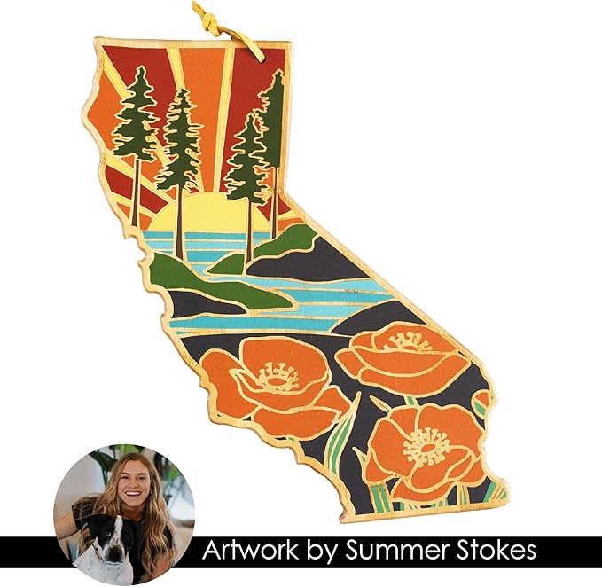 Totally Bamboo California State Shaped Cutting Board and Charcuterie Serving Platter with Artwork by Summer Stokes, Includes Hang Tie for Wall Display 11" x 14-1/4" x 5/8"