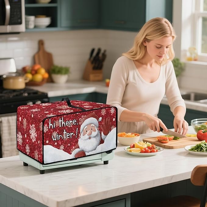 Doojoayie 6 Slice Toaster Cover Christmas Santa Kitchen Appliance Covers Universal Fit Toaster Oven Cover with Top Handle Belt, Easy to Storange Red Christmas Home Decorations