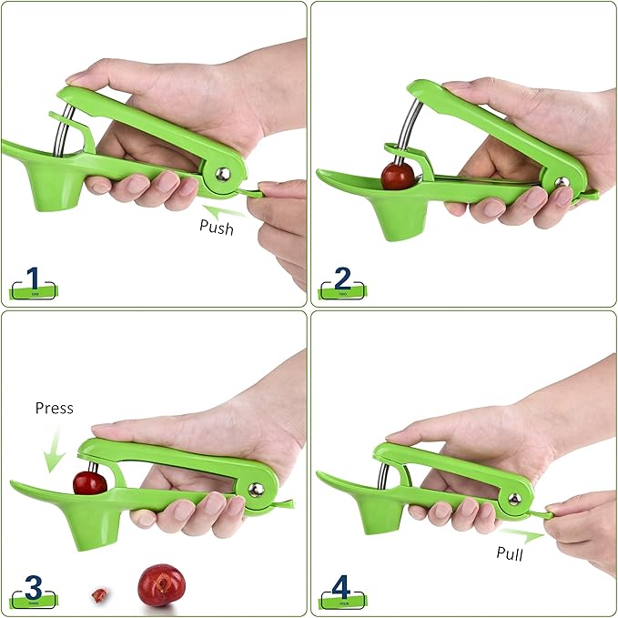 Cherry Pitter - Ordekcity Stainless Steel Cherries Corer Pitter Tool with Hand-held Push Design, Save Time & Space for Making Cherry Jam with Lock Design(Green)