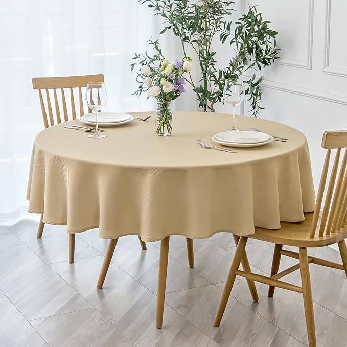 maxmill Round Textured Tablecloth Spill-Proof Wrinkle Free Soft Jacquard Table Cloth for Circular Table Cover, for Dining Room Buffet Banquet Parties Holiday Dinner, 70 Inch Beige