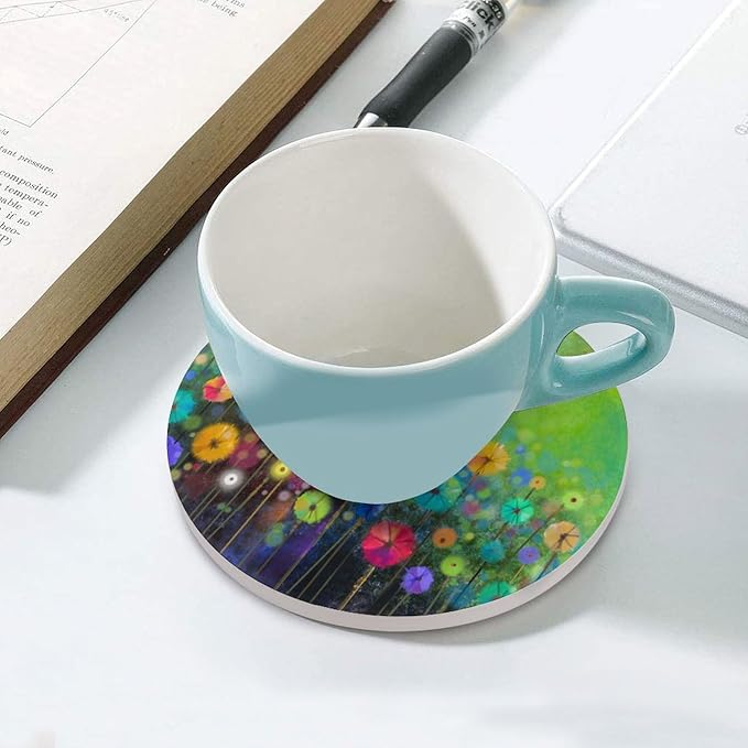 Round-6PCS Floral Drink Coasters, Round Modern Ceramic Absorbent Coasters, Watercolour Abstract Wildflower Nature Plant Colorful Floral Decor Desk Coffee Table Coaster for Beverage Cup Tea Coasters