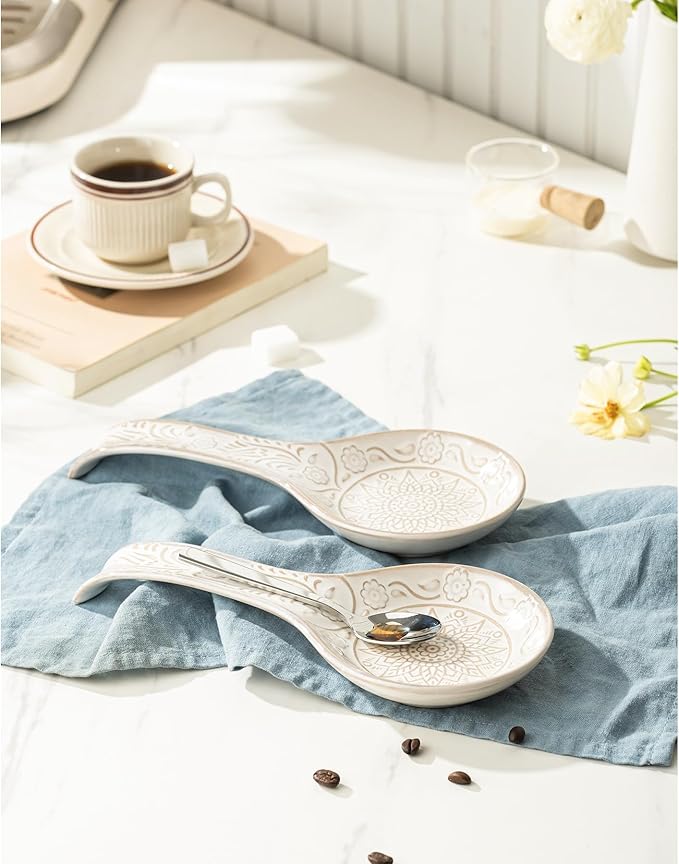 Ceramic Spoon Rest, 9 Inches Large Spoon Holder for Kitchen Counter, Set of 2, Kitchen Accessories, Dishwasher Safe, White