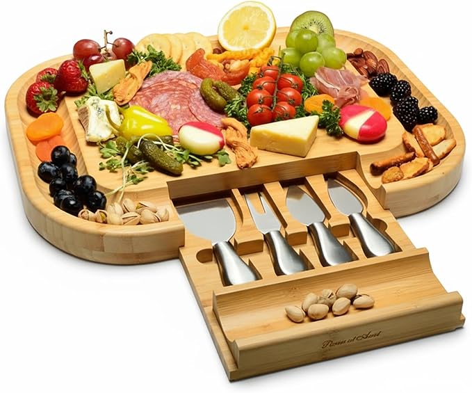 Picnic at Ascot -The "Original" Malvern Deluxe Bamboo Cheese Board with Cracker Groove & Integrated Drawer with Stainless Steel Cheese Knife Set - Designed & Quality Assured in the USA