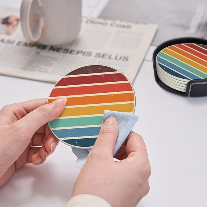 Vintage Colorful Beach Sunset Leather Drink Coasters Set of 6 with Holder Round Cup Coaster for Table Decor