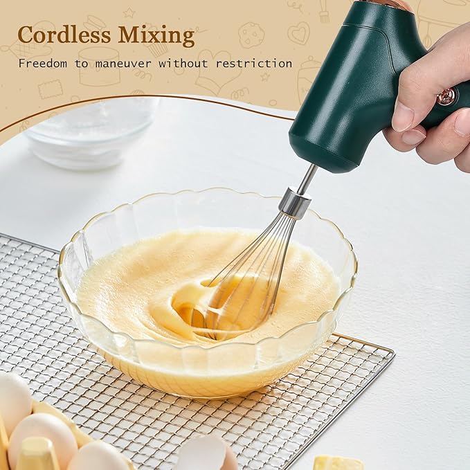 CHIDOYII Cordless Hand Mixer, Handheld Electric Whisk with 3 Speed Modes, Hand Held Egg Beater with 2 Detachable Stir Whisks (Green)