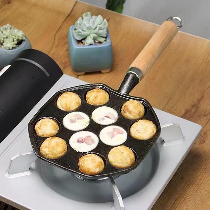 Topyond Cast Iron Aebleskiver Pan, 14 Holes Takoyaki Nonstick Cast Iron Ebelskiver Pan, Mochi Maker Grill Pancake Pan with Detachable Handle