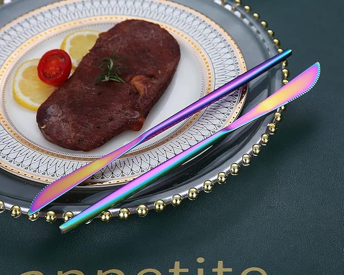 HOMQUEN Dinner Knives 6 Piece, Stainless Steel Matt Rainbow Dinner Knife, Sturdy butter knife, Modern Design butter knives, Dishwasher Safe (Matt Colorful-8.9 Inch)