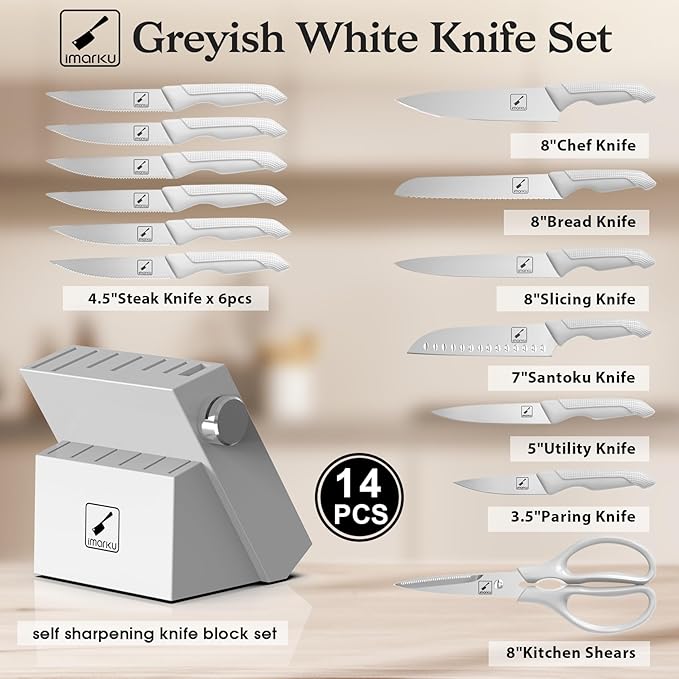 imarku Kitchen Knife Set, Japanese Knives Set for Kitchen, Stainless Steel Knife Set with Block, Kitchen Gadgets, White, Anti-Slip Handle, Dishwasher Safe, Christmas Gift for Women Men