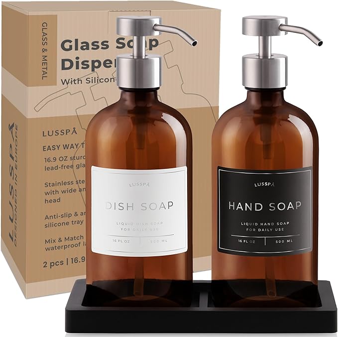 Lotion, Hand & Dish Soap Dispenser for Kitchen & Bathroom | Soap Dispenser Set of 2 16.8 Oz Glass Bottles with Stainless Steel Pump, 15 Water Proof Labels & Silicon Tray (Amber/Silver)