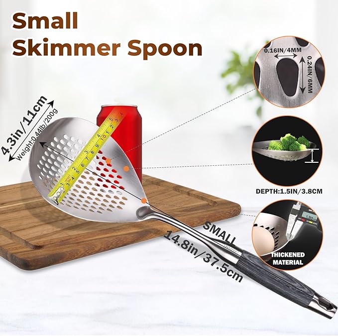 MARTE Skimmer Slotted Spoon -14.8in Pasta Strainer Skimmer Ladle Spoon for Cooking and Frying - Kitchen Scoop Colander Strainer Spoon with Heat Resistant Black Wooden Handle