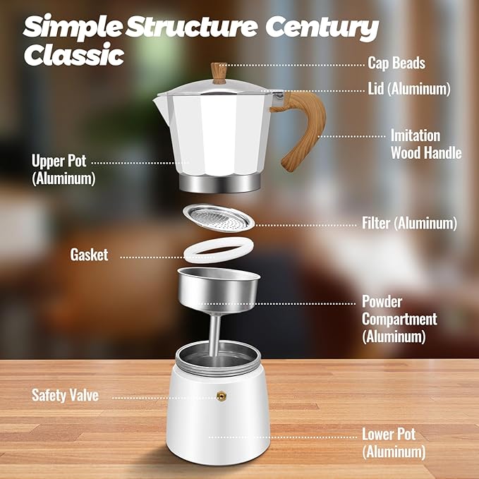 6 Cup Aluminum Moka Pot Classic Stovetop Espresso Coffee Maker 300ml 10oz Coffeemaker Percolator Mocha Express Preferred Cafe Makers for Italian and Cuban Café Brewing White