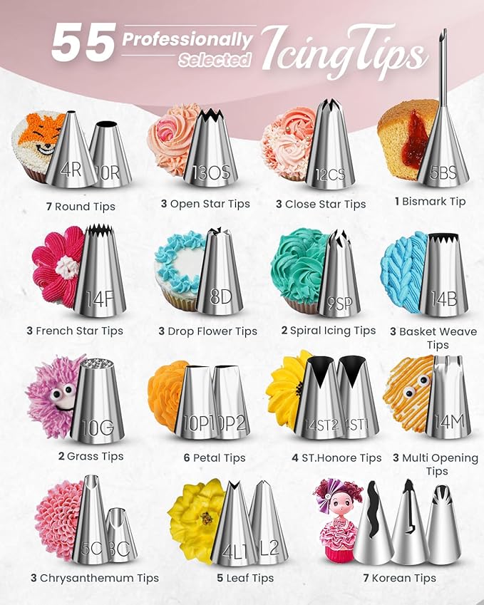 RFAQK 200PCs Cake Decorating Kit with Cake Turntable & Leveler, Baking Supplies Gift Includes 110+1 Piping Bags,55 Icing Tips,2 Frosting Spatulas, Adjustable Scraper, Video Tutorial, Booklet & more