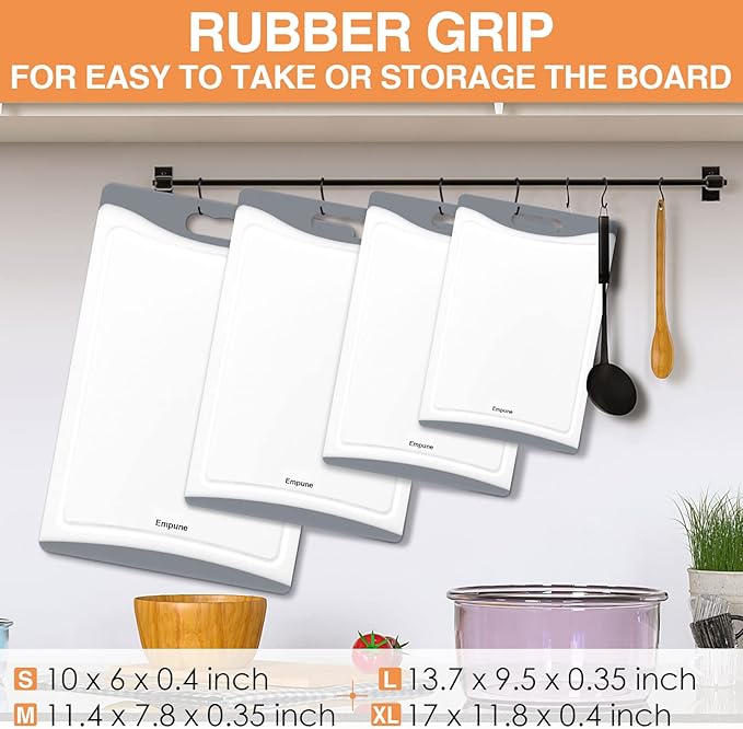 Extra Large Cutting Boards, Plastic Cutting Boards for Kitchen (Set of 4) Cutting Board Set Dishwasher Chopping Board with Juice Grooves Easy-Grip Handles, Grey, Empune