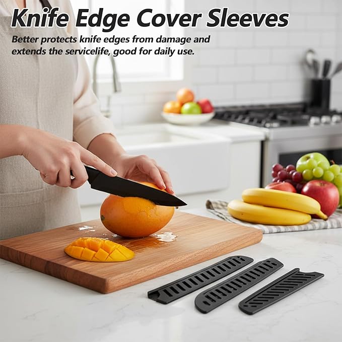 4PCS Plastic Knife Guard Set, Universal Knife Sheath Blade Covers for Kitchen, Plastic Knifies Edge Guards for Paring Utility Bread Nakiri Chef Knives - Black