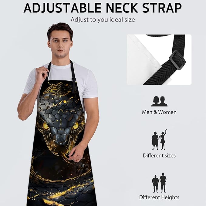 Fierce Snake Apron, Adjustable Kitchen Dramatic Scene Aprons with Pockets for Cooking BBQ Gardening, 28×33 IN, Holiday Gifts for Women Men Wife, for Chef Baking, Oxford Fabric