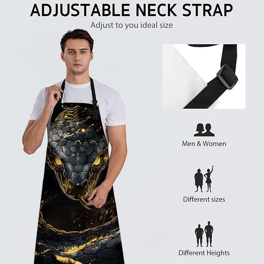 Fierce Snake Apron, Adjustable Kitchen Dramatic Scene Aprons with Pockets for Cooking BBQ Gardening, 28×33 IN, Holiday Gifts for Women Men Wife, for Chef Baking, Oxford Fabric