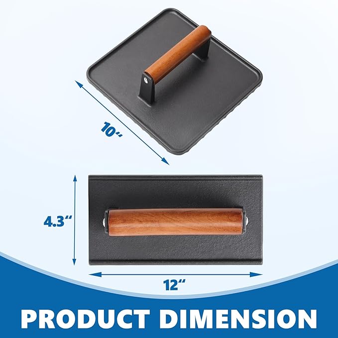 SafBbcue 10" Square Bacon Press & Rectangle Meat Press, Heavy Duty Cast Iron Griddle Press Smash Burger Press Compatible with Blackstone Flat Top Griddle Grills, Hamburger Smasher Tool Patty Maker