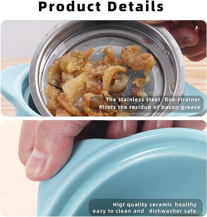 ONTUBE Ceramic Bacon Grease Container Keeper with Strainer, Frying Oil Storage Can, Turquoise