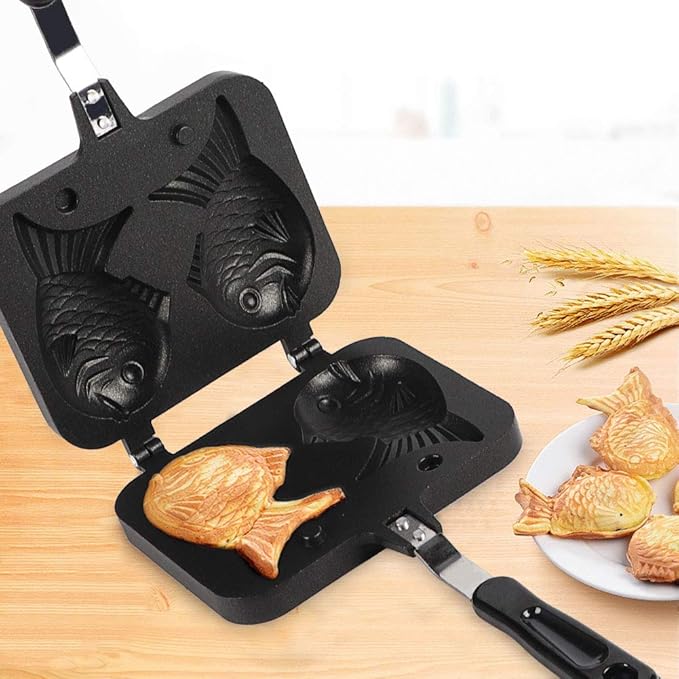 Joyzan Taiyaki Cake Pan, Fish Shaped Non stick Waffle Maker Double Pancake Baking Japanese Plate Stainless Steel Bread tool Handle Home Cooking Snacks DIY Desserts Party Electric Stovetop Gas Stove