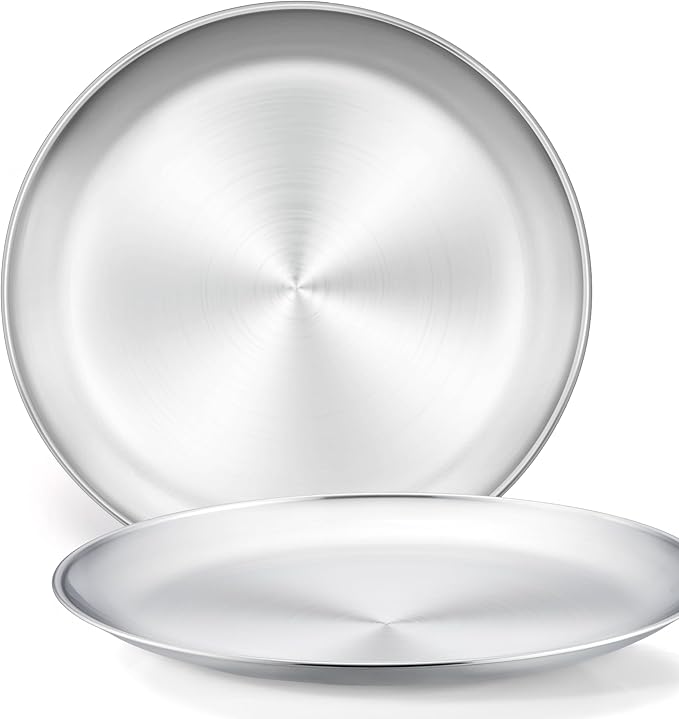 Herogo 13.5 Inch Stainless Steel Round Pizza Pan Plates Set of 2, Large Healthy Pizza Tray Platter for Oven Baking Serving, Dishwasher Safe