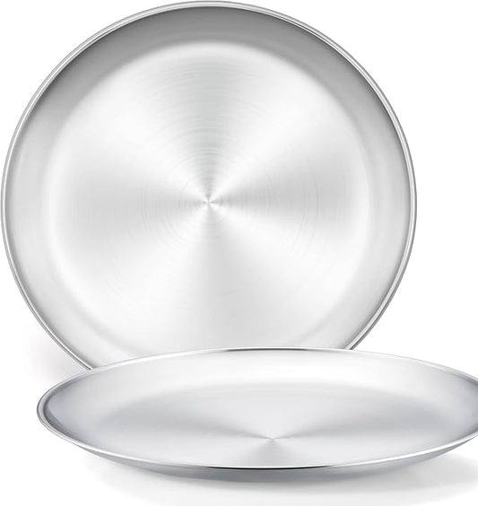 Herogo 13.5 Inch Stainless Steel Round Pizza Pan Plates Set of 2, Large Healthy Pizza Tray Platter for Oven Baking Serving, Dishwasher Safe
