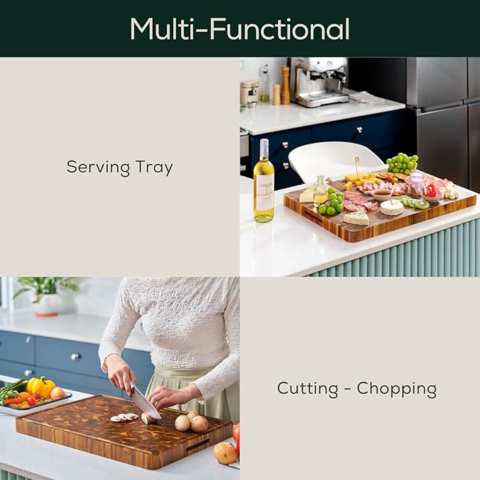 EZ FURNITURE Medium (M) Acacia Wood Premium Cutting & Serving Board, Knife Friendly, Pre-Oiled End Grain with Juice Groove & Handles, Non-Toxic (17"Lx13"Wx1.5"Th)