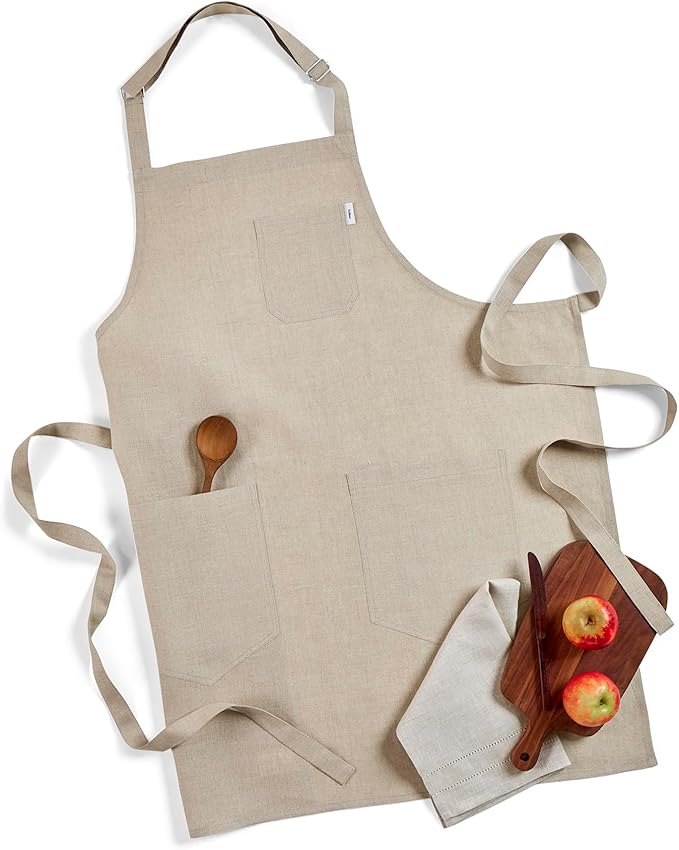 Solino Home Linen Bib Apron for Men & Women - 33 x 30 Inch Kitchen Apron with Front Pockets - Handcrafted from European Flax