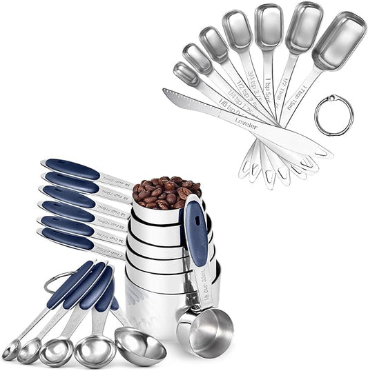 U-Taste 18/8 Stainless Steel Measuring Cups and Spoons Set of 12, and 18/8 Stainless Steel Square Measuring Spoons Set of 8 (Midnight Blue+Silver)