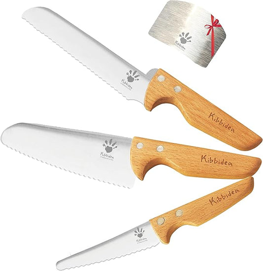 Kibbidea Kids Knife Set for Real Cooking Safe, 4pcs Kids Beginners Kitchen Knives for Cutting Chopping, Food-grade Stainless Steel Blades, Metal Children First Starter knife, BPA-free Tool (Silver)