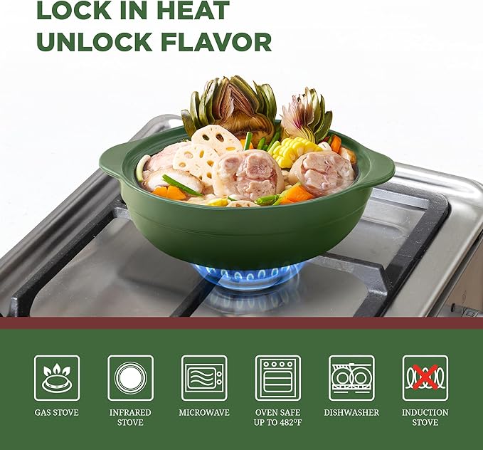 MINH LONG 1-Qt Porcelain Dutch Oven with Lid – Lead & Cadmium Free, Oven Safe to 482°F, Heat Retention, Clay Pot for Cooking on Gas & Infrared Cooktop, Use to Marinate, Cook, Bake, Refrigerate & Serve