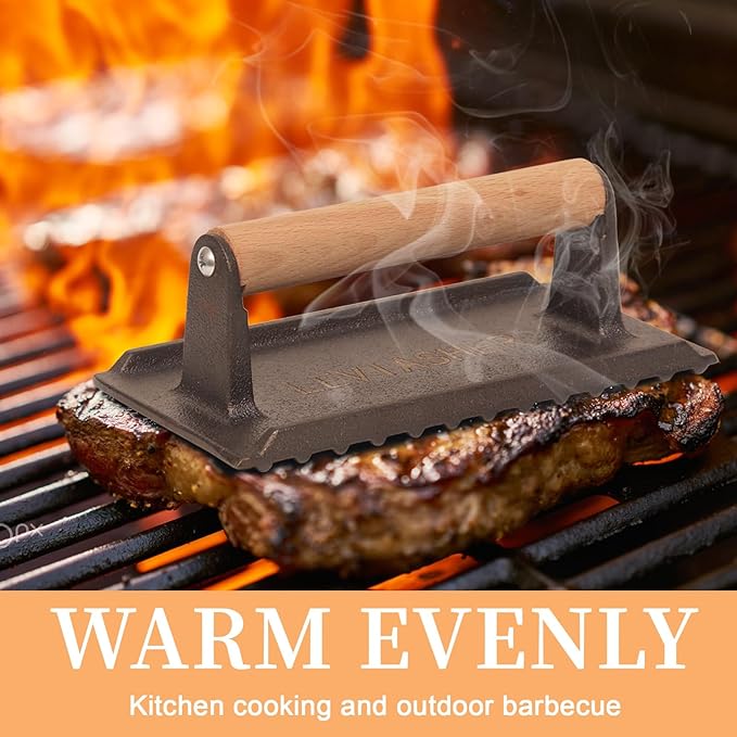 2.2 lb Handheld Heavy Duty Cast Iron Grill Press, 7.8X3.9 inch Rectangle Burger Press with Wood Handle for Blackstone, Griddle, Chef, Camp, Panini, Vegetable, Bacon, Sandwich, BBQ, 2 Pack