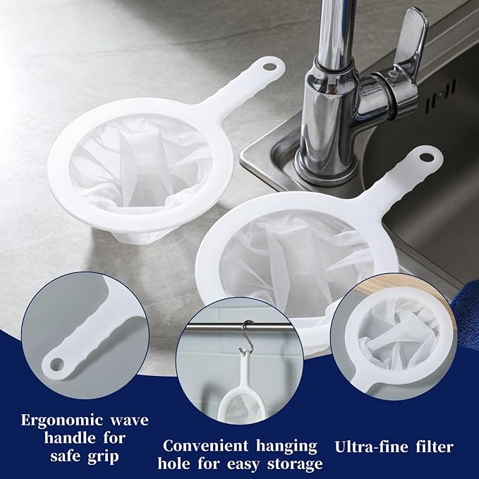 2Pcs Ultra Fine Mesh Strainer, 120 Mesh Nylon Food Juice Strainer with Non-Slip Plastic Handle Yogurt Fine Mesh Sieve Kitchen Colander Mini Brine Shrimp Separation Net for Coffee Milk Yogurt White